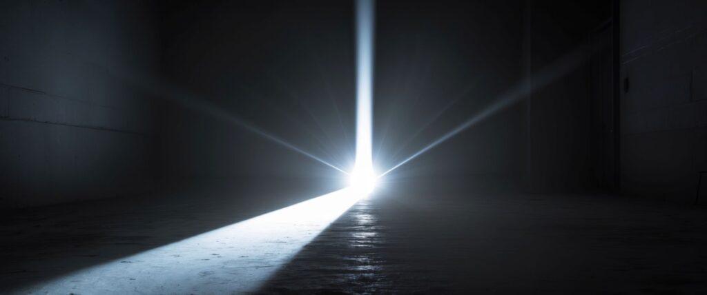 tarker Lichtkegel durchbricht die Dunkelheit in einem leeren Raum – Darstellung der Lichtleistung einer modernen LED-Taschenlampe