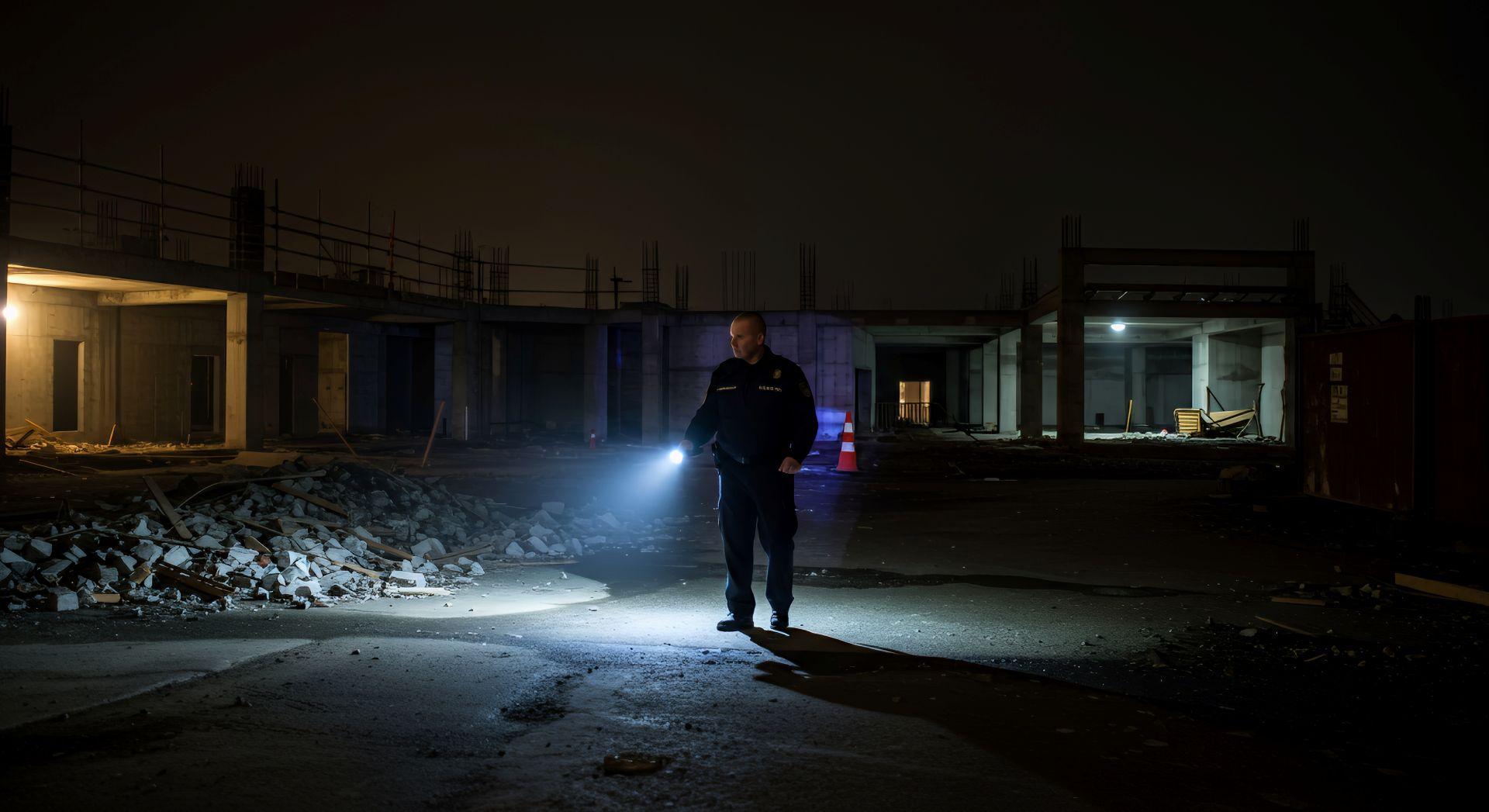 icherheitsmitarbeiter bei nächtlicher Gebäudekontrolle auf Baustelle mit eingeschalteter LED-Taschenlampe im Einsatz